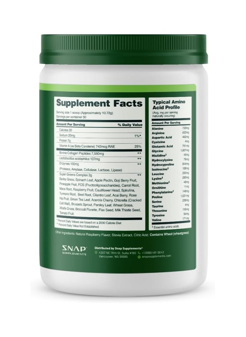 Collagen & Greens, Two-in-One Formula, Grass-fed, Pasture-raised, 26 Fruits & Vegetables, 21 Amino Acids & Probiotics, Raspberry Flavored, Dietary Supplement, Nt Wt. 11.34 Oz 321.6g