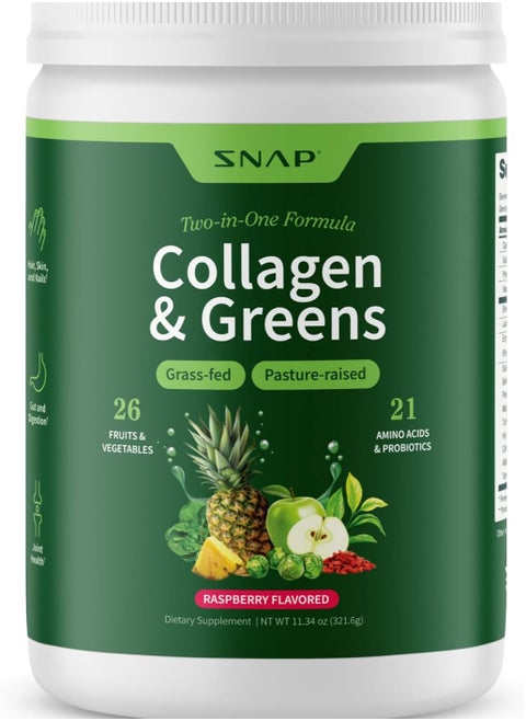 Collagen & Greens, Two-in-One Formula, Grass-fed, Pasture-raised, 26 Fruits & Vegetables, 21 Amino Acids & Probiotics, Raspberry Flavored, Dietary Supplement, Nt Wt. 11.34 Oz 321.6g