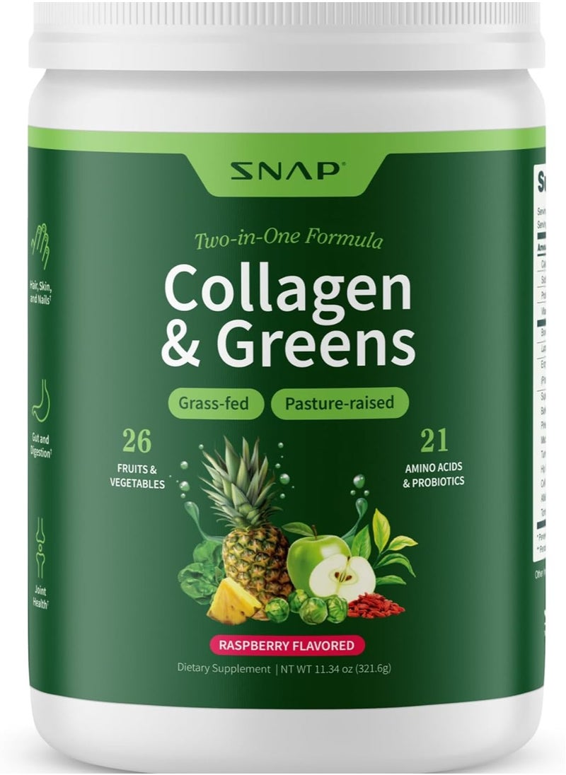 SNAP SUPPLEMENTS Collagen & Greens, Two-in-One Formula, Grass-fed, Pasture-raised, 26 Fruits & Vegetables, 21 Amino Acids & Probiotics, Raspberry Flavored, Dietary Supplement, Nt Wt. 11.34 Oz 321.6g  - Image 1