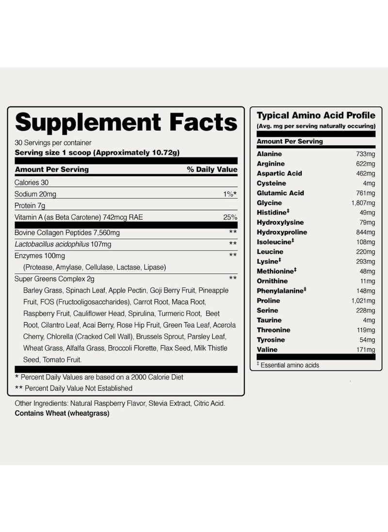Collagen & Greens, Two-in-One Formula, Grass-fed, Pasture-raised, 26 Fruits & Vegetables, 21 Amino Acids & Probiotics, Raspberry Flavored, Dietary Supplement, Nt Wt. 11.34 Oz 321.6g