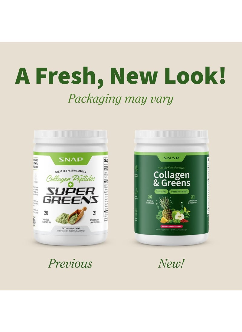 SNAP SUPPLEMENTS Collagen & Greens, Two-in-One Formula, Grass-fed, Pasture-raised, 26 Fruits & Vegetables, 21 Amino Acids & Probiotics, Raspberry Flavored, Dietary Supplement, Nt Wt. 11.34 Oz 321.6g  - Image 2
