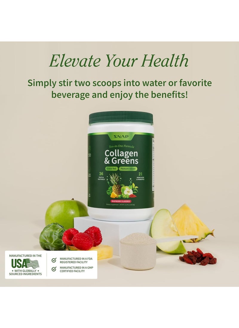 Collagen & Greens, Two-in-One Formula, Grass-fed, Pasture-raised, 26 Fruits & Vegetables, 21 Amino Acids & Probiotics, Raspberry Flavored, Dietary Supplement, Nt Wt. 11.34 Oz 321.6g