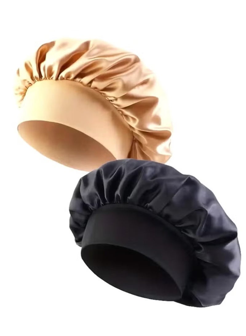 2Piece Satin-Lined Silk Sleep Cap Women's Sleep Cap Large Size with Wide Soft Band Suitable for Curly Hair and Braids - Image 1