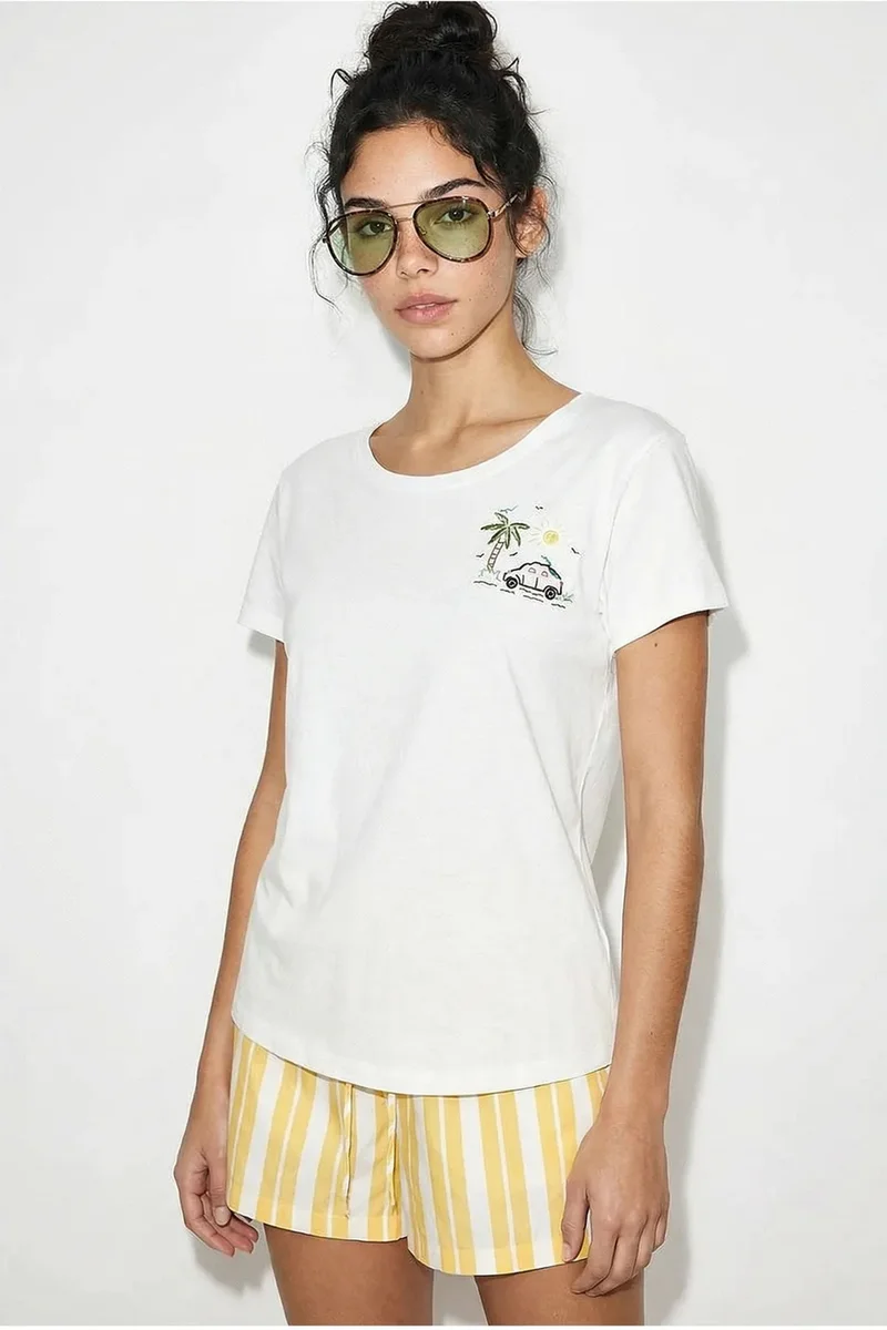 بيانكو لوتشي LUCCI Embroidered Crew Neck T-Shirt