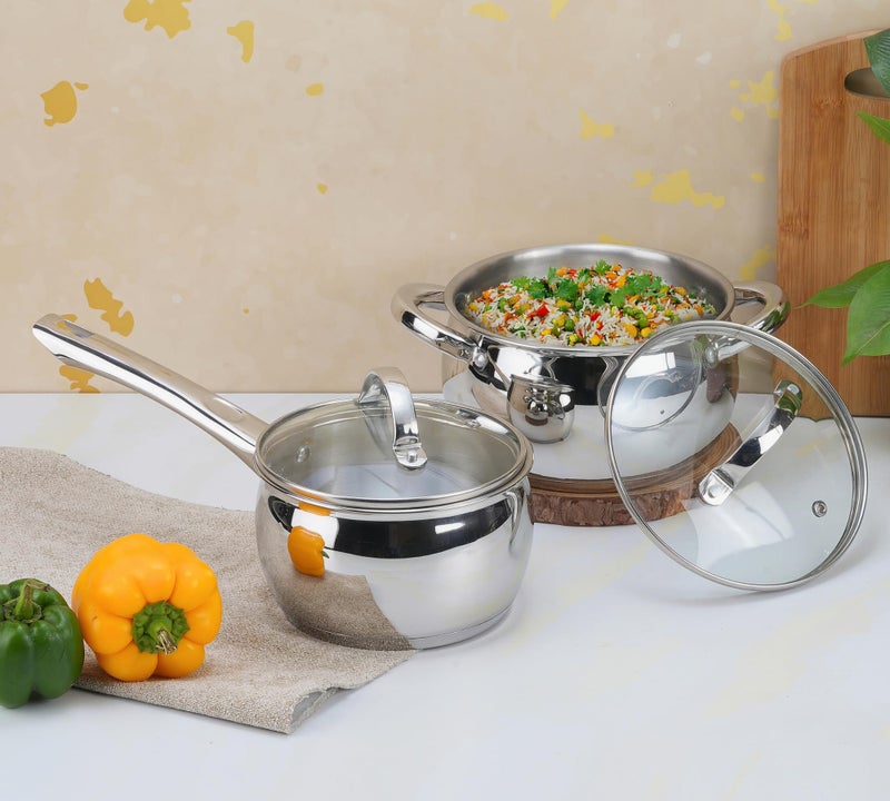 Vinod Letten Stainless Steel Cookware Set - 2 Pcs, Saucepan 2.2 L, Saucepot 2.9 Litre with Glass Lid, Even Heating SAS Bottom, Belly Shape Cooking Set for Kitchen, Induction Base, Gift Combo Pack - Image 2