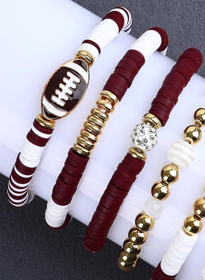 JSLOVFLO Game Day Bracelets Football Charm for Women Football Bracelets Red Black Blue Heishi Clay Beaded Stretch Bracelets Stackable Sports Bracelet Bangles Football Mom Accessories Outfits (Burgundy White) - Image 2