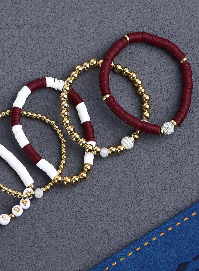 JSLOVFLO Game Day Bracelets Football Charm for Women Football Bracelets Red Black Blue Heishi Clay Beaded Stretch Bracelets Stackable Sports Bracelet Bangles Football Mom Accessories Outfits (Burgundy White) - Image 4