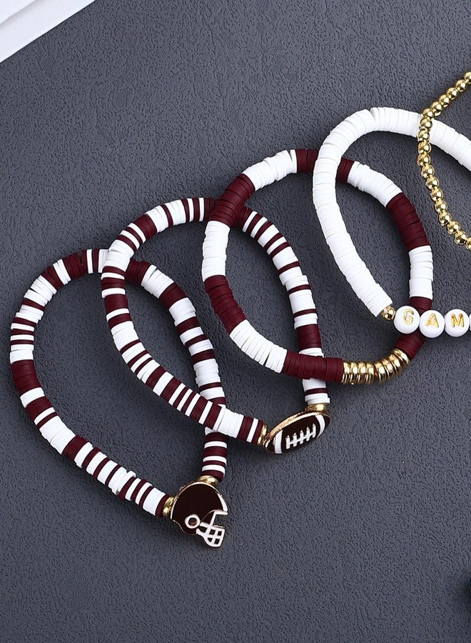 JSLOVFLO Game Day Bracelets Football Charm for Women Football Bracelets Red Black Blue Heishi Clay Beaded Stretch Bracelets Stackable Sports Bracelet Bangles Football Mom Accessories Outfits (Burgundy White) - Image 5
