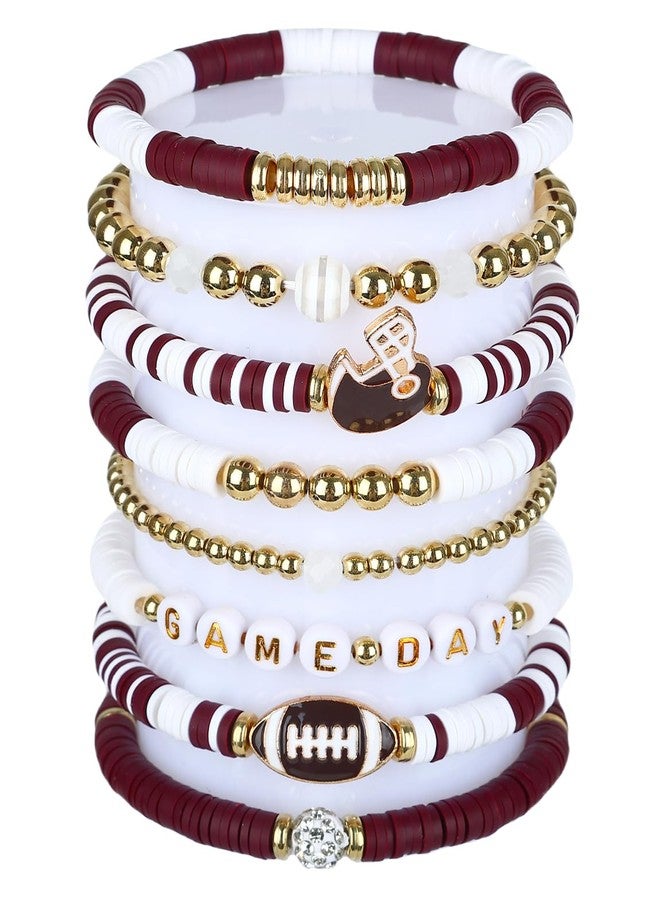 JSLOVFLO Game Day Bracelets Football Charm for Women Football Bracelets Red Black Blue Heishi Clay Beaded Stretch Bracelets Stackable Sports Bracelet Bangles Football Mom Accessories Outfits (Burgundy White) - Image 1