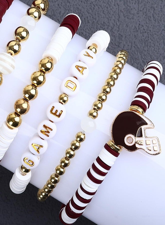 JSLOVFLO Game Day Bracelets Football Charm for Women Football Bracelets Red Black Blue Heishi Clay Beaded Stretch Bracelets Stackable Sports Bracelet Bangles Football Mom Accessories Outfits (Burgundy White) - Image 3