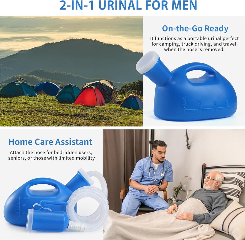 ONEDONE Urinals for Men - Portable Urinal for Men Spill Proof Nighttime Men's Urinal Bottle Male Pee Bottle Urine Bottle 68 OZ for Hospital Home Camping Car Travel 45" Long Hose with Lid (Blue) - Image 2