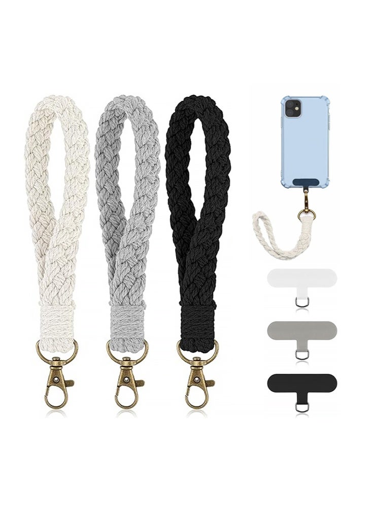 DNM 3PCS Phone Wrist Strap - Cell Phone Lanyard - with 3× Phone Tether Tab - Handmade Macrame Keychain- Phone Case Wrist Lanyard, Anti-Loss Phone Chain for Women Men (Black+Gray+Light Beige) - Image 1
