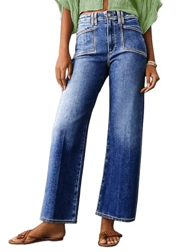 Astylish Women's Baggy Boyfriend Jeans Vintage Wide Leg High Rise Trendy 2025 Stretchy Denim Pants with Patch Pockets Dark Blue Size 12 - Image 1