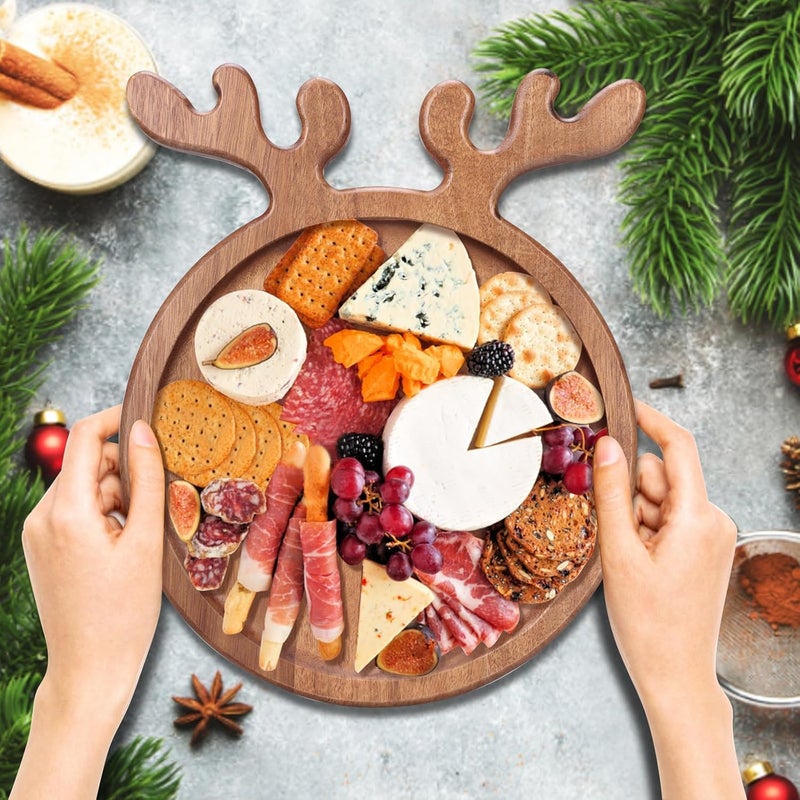 Renawe Acacia Wood Christmas Kitchen Decor Platters Dinner Plate Wooden Cheese Charcuterie Board Xmas Snack Cookies Trays Salad Charger Plates for Christmas Holiday Serving Dish Round Festive Dessert Platter - Image 2