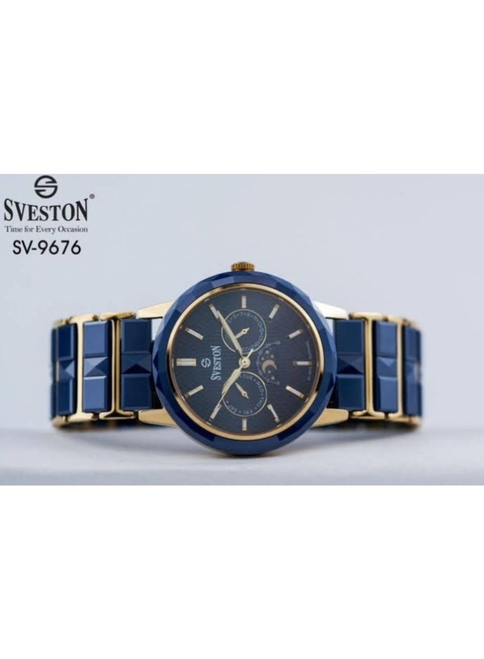 ساعة سفستون SV-9676 الرجالية كرونوغراف باللون الأزرق الملكي من السيراميك والذهب مع زجاج ياقوتي