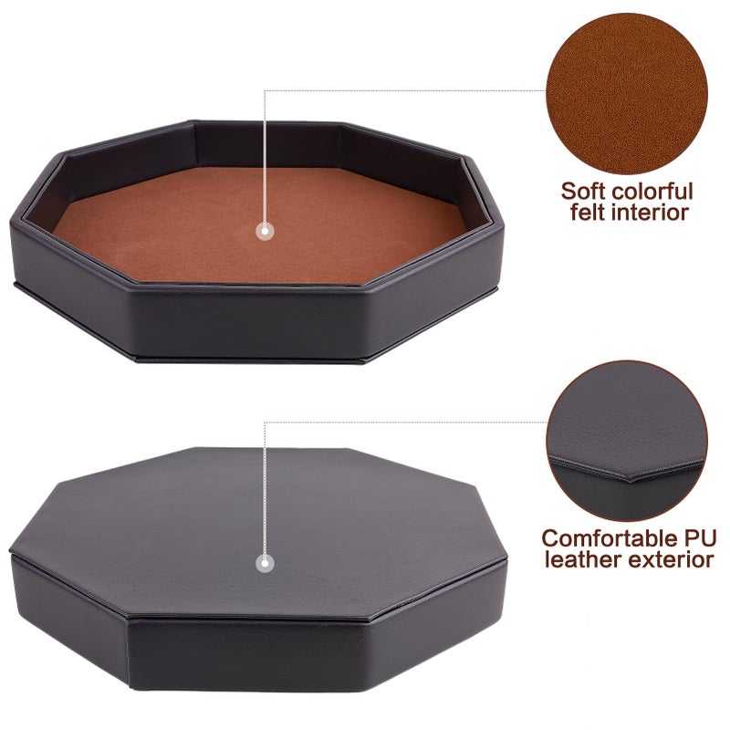 RERIVER Dice Rolling Tray, Felt Lined PU Leather Octagon Dice Tray for Dungeon Crawler Games, Coffee - Image 2