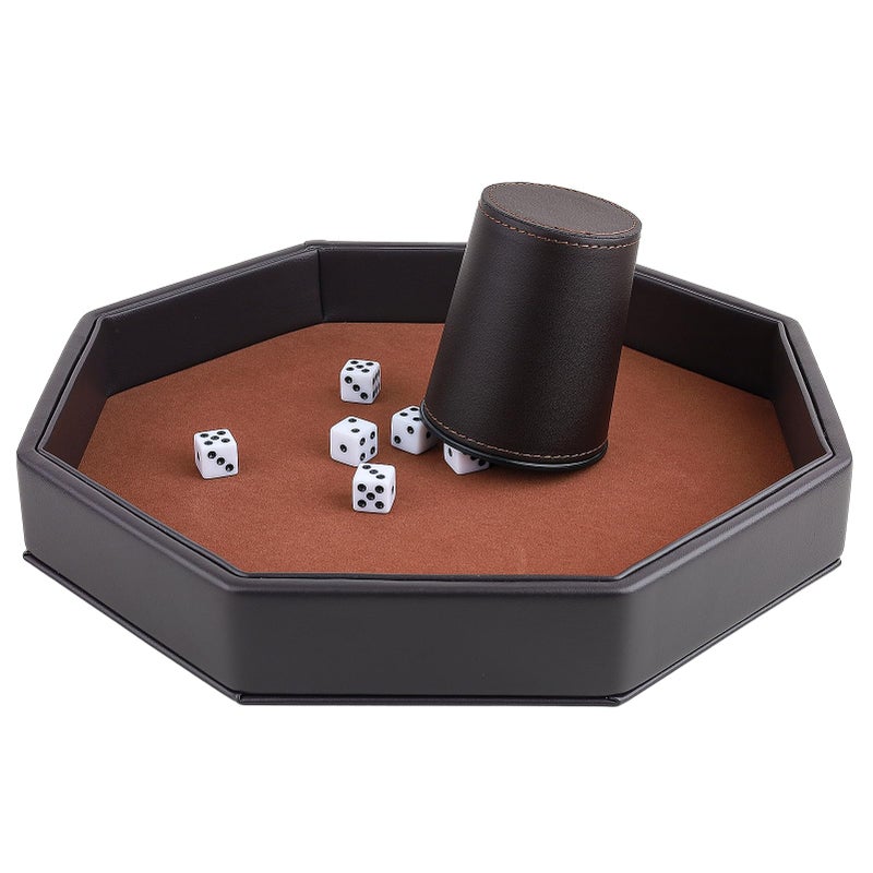 RERIVER Dice Rolling Tray, Felt Lined PU Leather Octagon Dice Tray for Dungeon Crawler Games, Coffee - Image 4