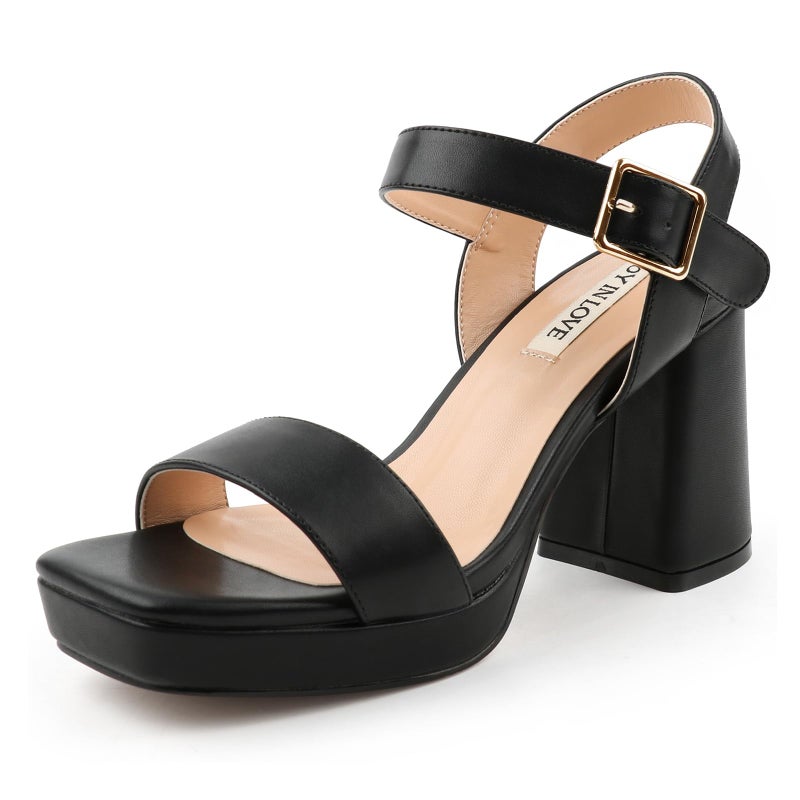 JOY IN LOVE Women's Chunky Platform High Heels Ankle Strap Block Heel Sandals Black Matte US6 - Image 1