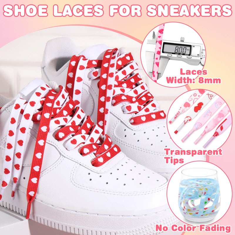 DANHUA Colored Flat Shoe laces: 2 Pair White Rose Red Heart Printed Shoelaces for Sneakers boot 63 inch - Image 2