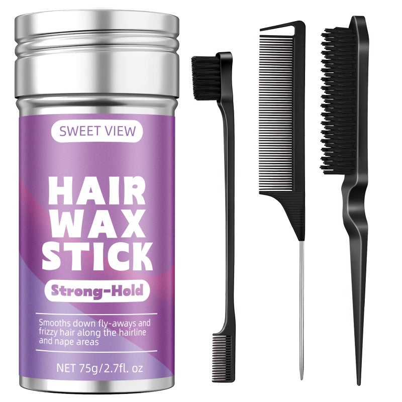 SWEET VIEW Hair Wax Stick & Slick Back Hair Brush for Tame Flyaways, Frizz, Sleek Ponytails, Buns | Pomade/Balm/Gel Stick for Woman, Styling Accessories for Girls - Image 1