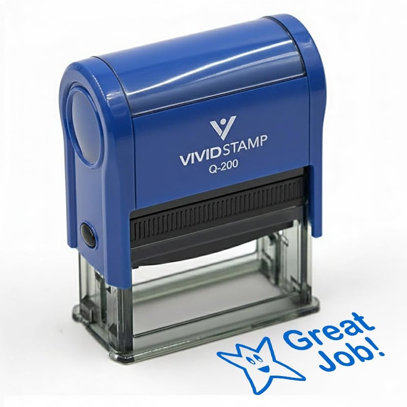 Vivid Stamp Great Job Teacher Self Inking Rubber Stamp (Blue Ink) - Medium - Image 2