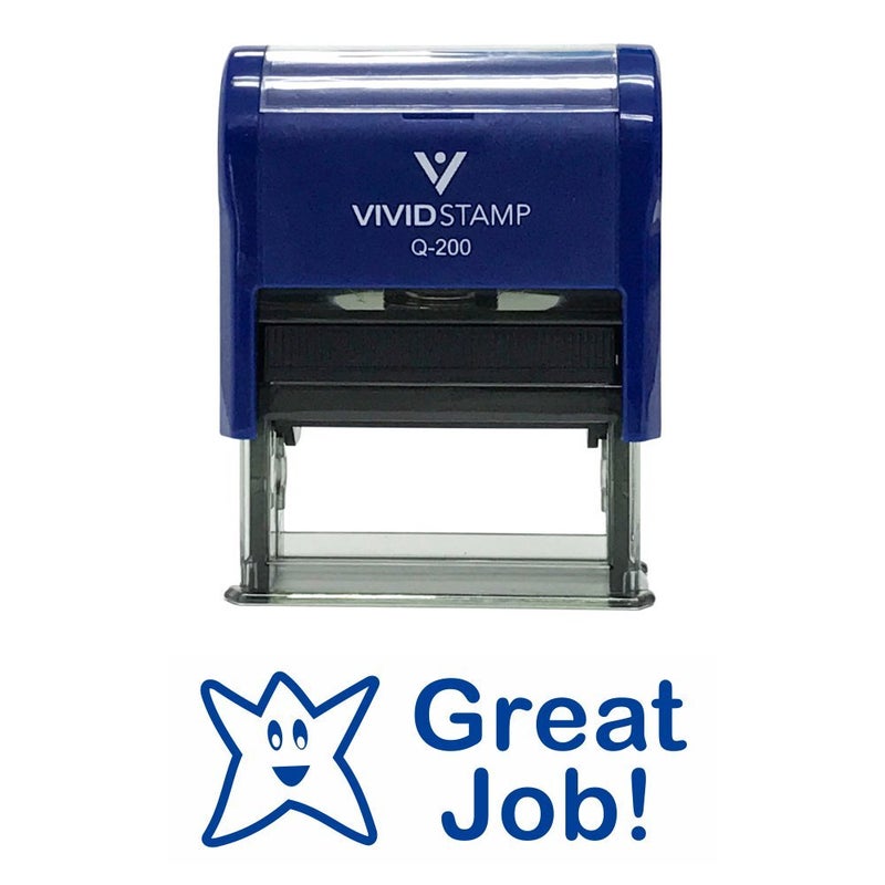 Vivid Stamp Great Job Teacher Self Inking Rubber Stamp (Blue Ink) - Medium - Image 1
