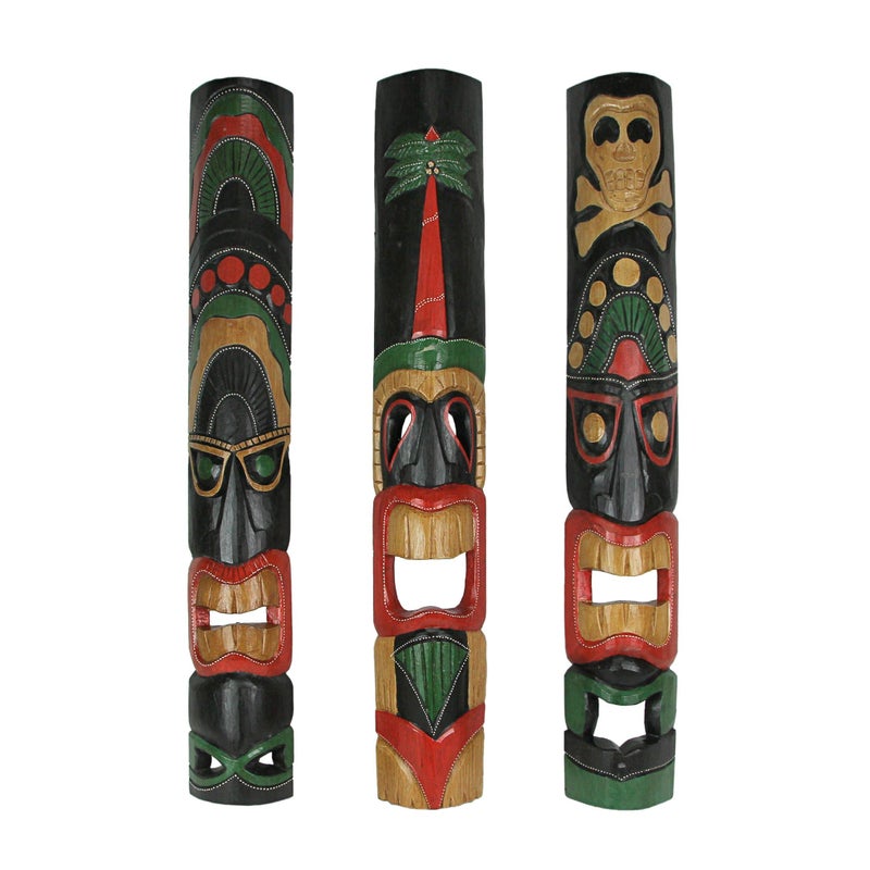 Set of 3 Hand Carved Polynesian Style Tiki Wall Hanging Masks  Unique 395Inch Carvings for Home Patio or Tiki Bar Decor  Handcrafted with Lively Island Colors