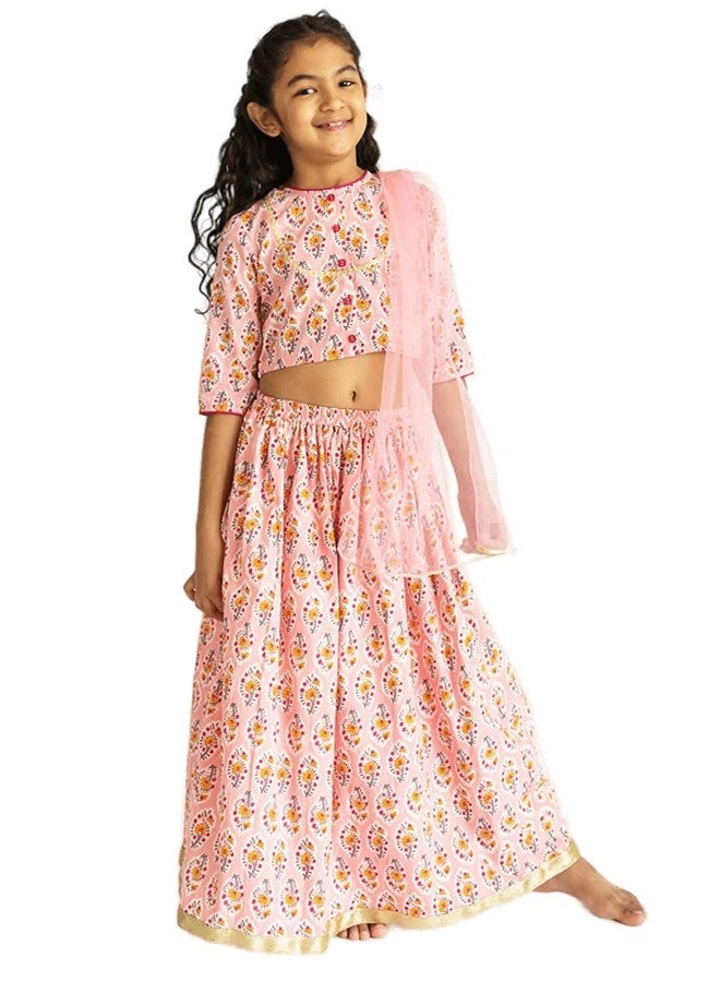 Campana طقم كامبانا كويل لهنغا، طباعة بلوك، وردي، لهنغا للأطفال، لهنغا تشولي للفتيات، ملابس تقليدية للأطفال - Image 1