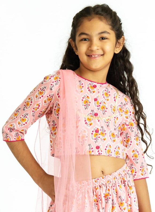 Campana طقم كامبانا كويل لهنغا، طباعة بلوك، وردي، لهنغا للأطفال، لهنغا تشولي للفتيات، ملابس تقليدية للأطفال - Image 2