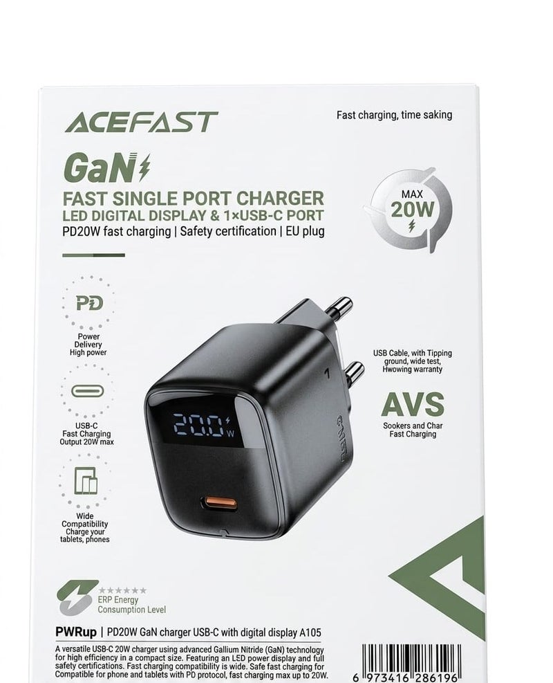 أسيفاست شاحن جداري سريع إيس فاست PWRup A105 بتقنية GaN ومنفذ USB-C مع شاشة ديجيتال (بقوة 20 واط) - Image 1
