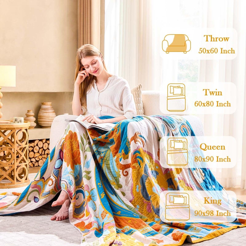XIBLC Boho Throw Blanket, Lightweight Blankets for Summer, 100% Cotton Bohemian Decorative Throw Blanket, 50"x60" Reversible Muslin Breathable Woven Farmhouse Blankets Quilt, - Image 3