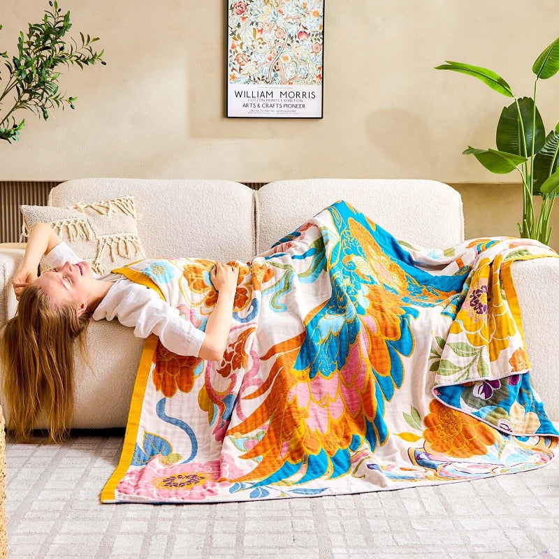 XIBLC Boho Throw Blanket, Lightweight Blankets for Summer, 100% Cotton Bohemian Decorative Throw Blanket, 50"x60" Reversible Muslin Breathable Woven Farmhouse Blankets Quilt, - Image 4