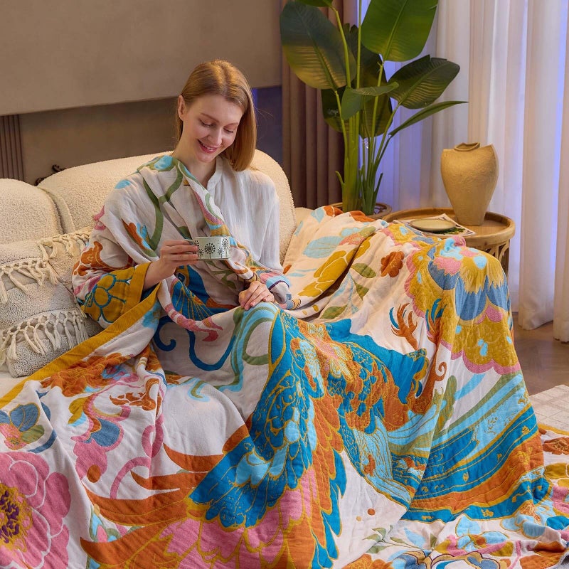 XIBLC Boho Throw Blanket, Lightweight Blankets for Summer, 100% Cotton Bohemian Decorative Throw Blanket, 50"x60" Reversible Muslin Breathable Woven Farmhouse Blankets Quilt, - Image 5