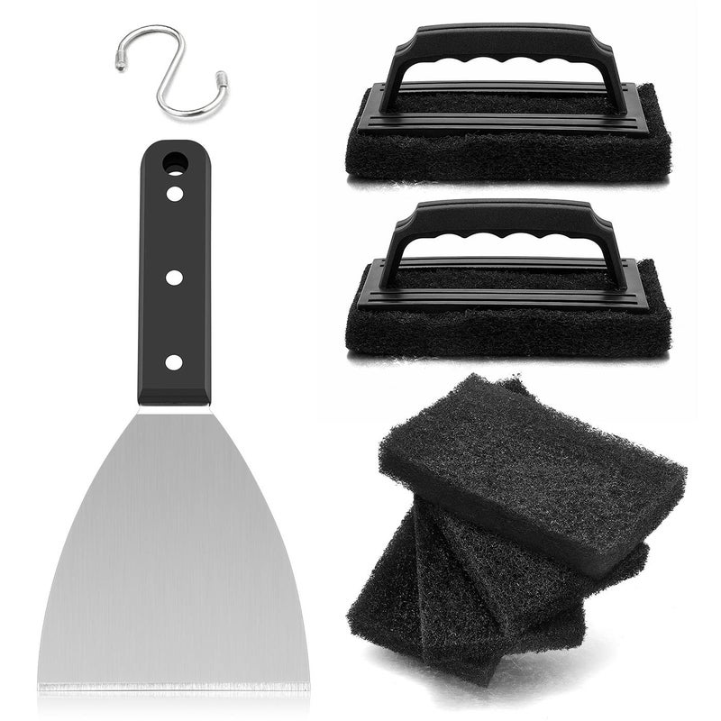 HaSteeL Griddle Cleaning Kit 7PCS Flat Top Grilling Cleaner Tools Set Metal Dough Scraper Cleaning Brush with Handle Scouring Pads for BBQ Cast Iron Kitchen Cookware Stovetops Hot Cold Surfaces