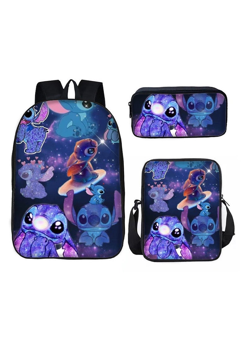 SKT Shiketro New Cartoon Stitch Backpack School Bag Children's Lunch Bag Pencil Bag Three-Piece Set For Primary And Secondary School Students 30*40*13 cm