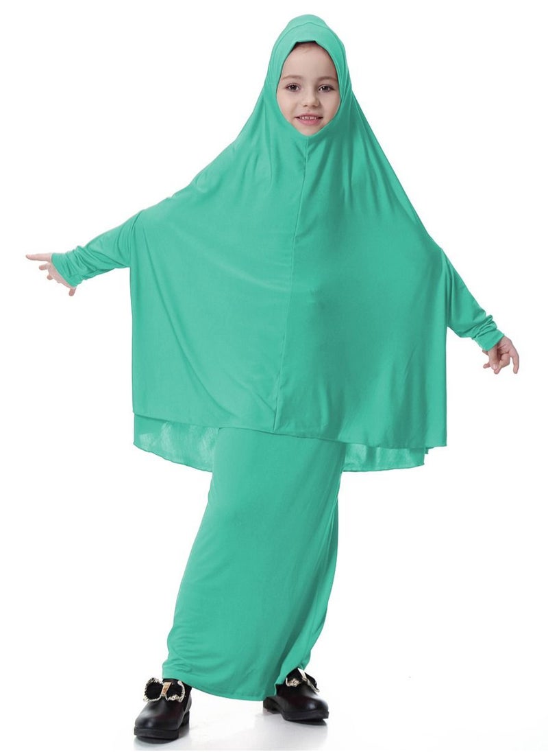 Loquat - Girl's Traditional 2-Piece Set Solid Color Abaya Robe And Skirt Suit Light Green - Image 1