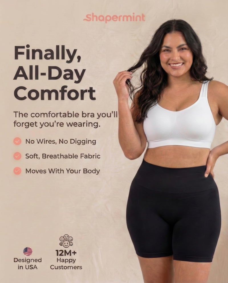 SHAPERMINT Bras for Women No Underwire - Seamless Bras for Women, Wireless Bra, Adjustable Plus Size Bra White - Image 2