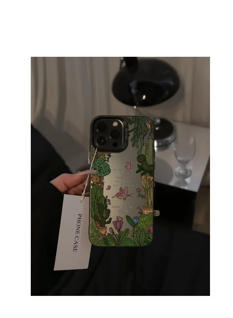 NIBEMINENT Green Plant Potted Flowers Protective TPU Case Cover For iPhone 16 Pro Max, Black