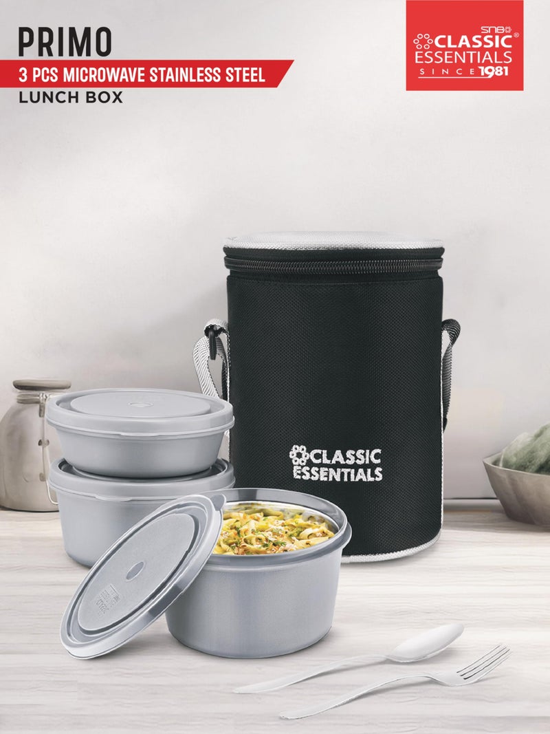 CLASSIC ESSENTIALS Lunch Box, Microwave Safe & Leak Proof, 3 Inside Steel Containers with BPA Free Lids (250ml, 400ml & 600ml), Insulated Fabric Bag (Grey) - Image 3