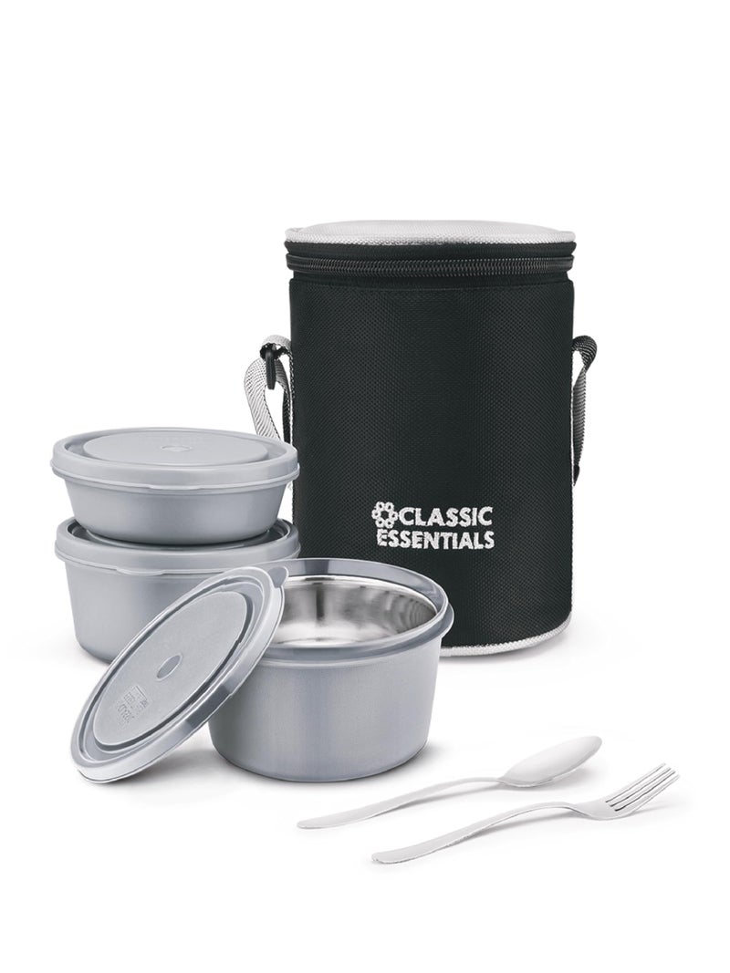 CLASSIC ESSENTIALS Lunch Box, Microwave Safe & Leak Proof, 3 Inside Steel Containers with BPA Free Lids (250ml, 400ml & 600ml), Insulated Fabric Bag (Grey) - Image 1