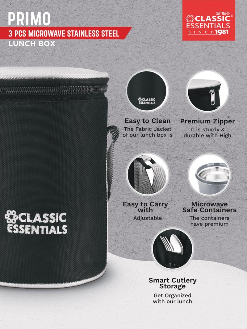 CLASSIC ESSENTIALS Lunch Box, Microwave Safe & Leak Proof, 3 Inside Steel Containers with BPA Free Lids (250ml, 400ml & 600ml), Insulated Fabric Bag (Grey) - Image 4