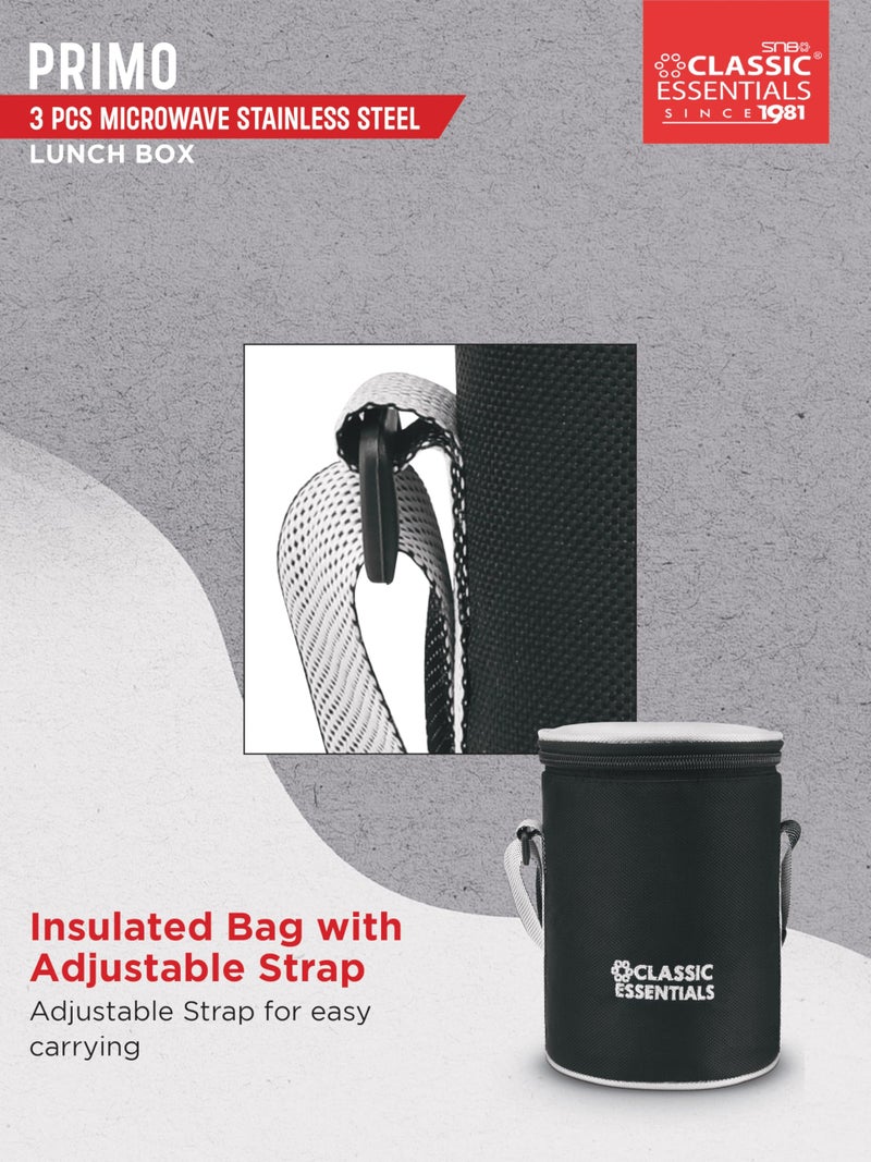 CLASSIC ESSENTIALS Lunch Box, Microwave Safe & Leak Proof, 3 Inside Steel Containers with BPA Free Lids (250ml, 400ml & 600ml), Insulated Fabric Bag (Grey) - Image 5