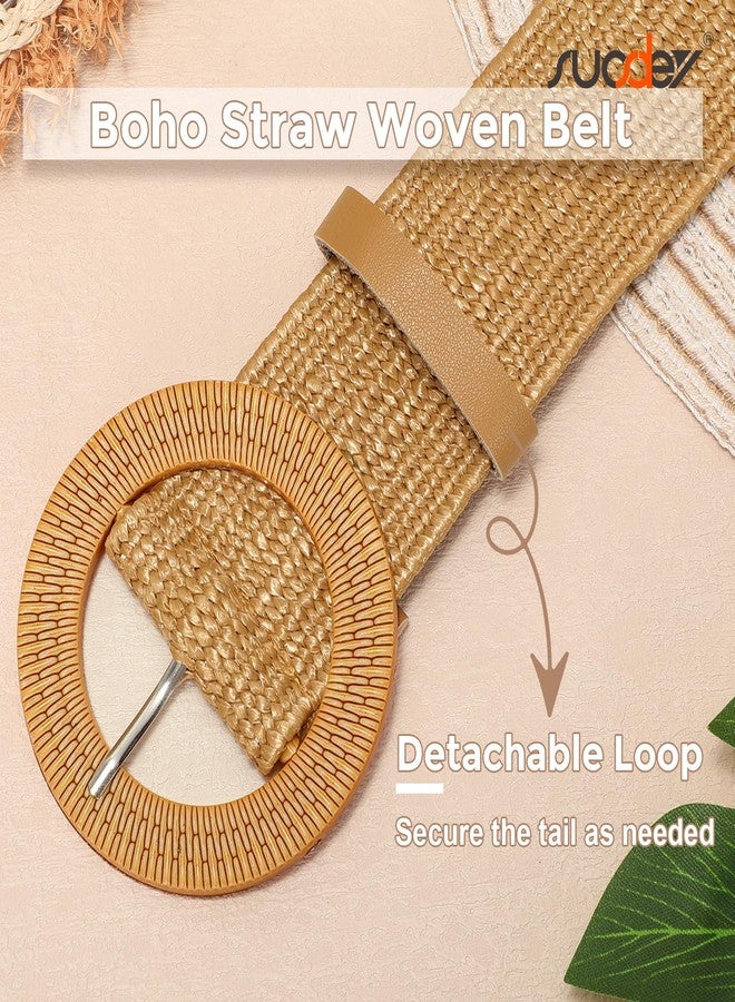 سوزدي حزام خصر مطاطي منسوج من القش من SUOSDEY، مناسب لفساتين النساء، حزام مطاطي مضفر عريض بنمط بوهيمي مع مشبك دائري - Image 2