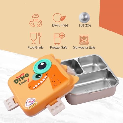 Topinon Super Kids Lunch Box with Stainless Steel Insulated Compartments Tiffin for School with Spoon, BPA-Free | Leak-Resistant Box with Tray & Container (Random Colour) (Dino) - Image 5