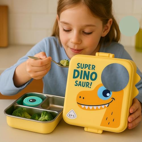Topinon Super Kids Lunch Box with Stainless Steel Insulated Compartments Tiffin for School with Spoon, BPA-Free | Leak-Resistant Box with Tray & Container (Random Colour) (Dino) - Image 3