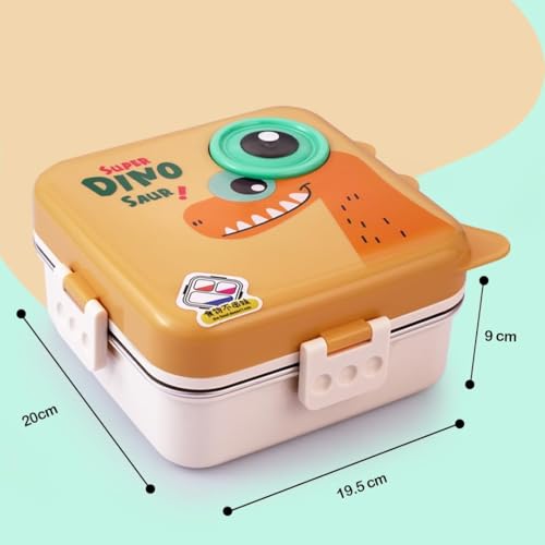 Topinon Super Kids Lunch Box with Stainless Steel Insulated Compartments Tiffin for School with Spoon, BPA-Free | Leak-Resistant Box with Tray & Container (Random Colour) (Dino) - Image 2