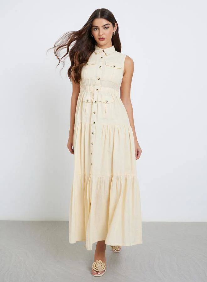 ستايلي Styli Beige Sleeveless Shirt Tiered Maxi Dress