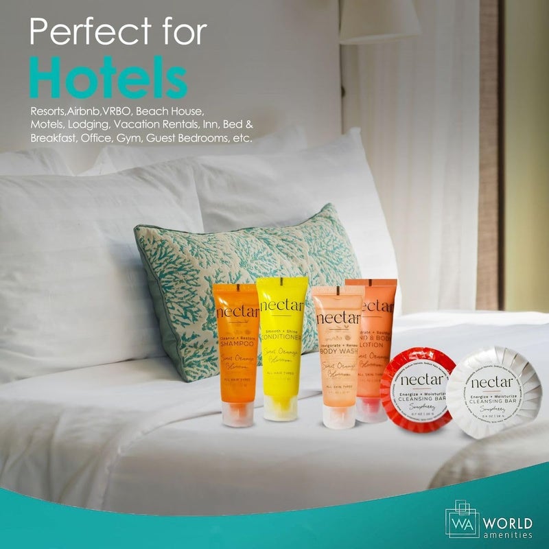 world amenities مجموعة أدوات الحمام بحجم السفر نكتار ميني برائحة زهر البرتقال الحلو شامبو بلسم غسول جسم لوشن بار تنظيف دائري بار جسم - Image 3