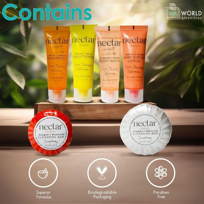 world amenities مجموعة أدوات الحمام بحجم السفر نكتار ميني برائحة زهر البرتقال الحلو شامبو بلسم غسول جسم لوشن بار تنظيف دائري بار جسم - Image 4