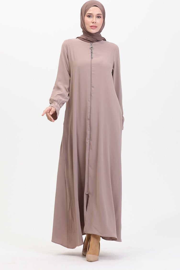 Sefa Merve Elastic Sleeve Zippered Abaya 0513-02 Mink  - Image 1